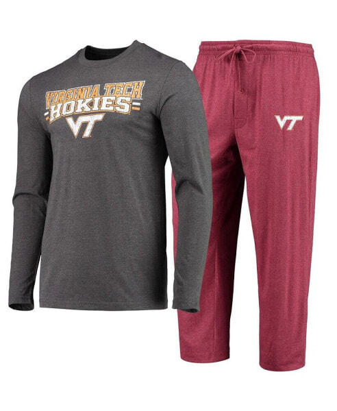 Men's Maroon, Heathered Charcoal Distressed Virginia Tech Hokies Meter Long Sleeve T-shirt and Pants Sleep Set