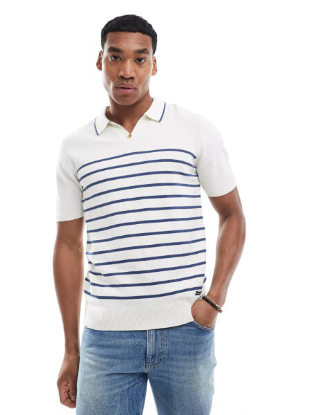 Threadbare knitted trophy neck stripe polo in ecru & blue