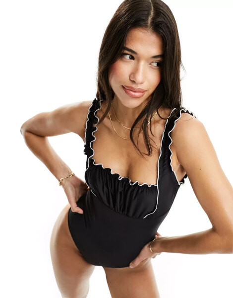 The Frolic omura lettuce edge ruched bust swimsuit in black