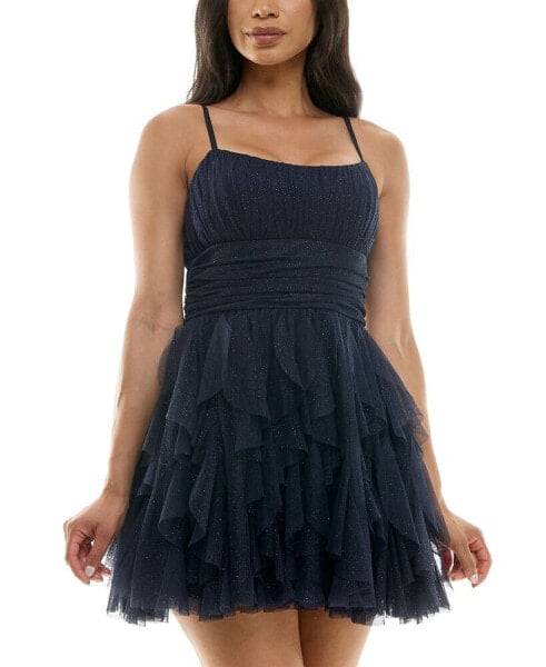 Juniors' Scoop-Neck Fit & Flare Mini Glitter Dress