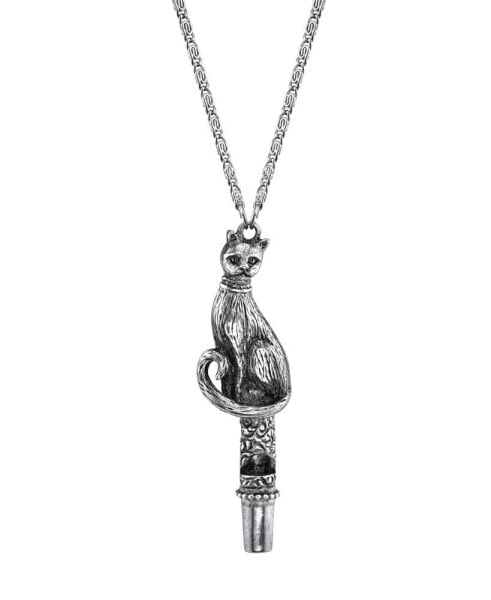 Antiqued Pewter Cat Whistle Pendant Necklace 30"