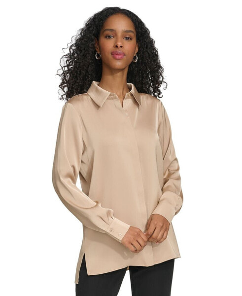 Women's Long Sleeve High-Low Collared Shirt