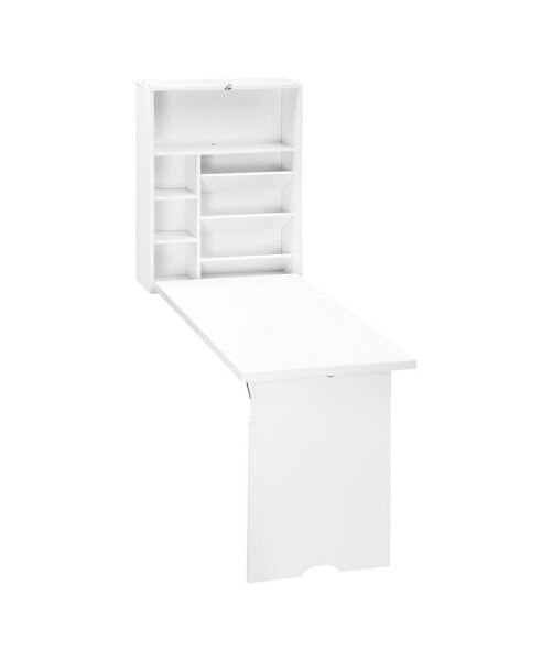 Wall Mounted Fold Out Convertible Desk, Multi-Function Floating Desk with Storage Shelf for Home Office, White