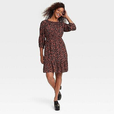 Women's Long Sleeve A-Line Dress - Knox Rose Dark Brown Leopard Print XS
