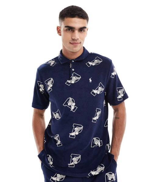 Polo Ralph Lauren all over P-wing logo terry polo classic oversized fit in navy CO-ORD