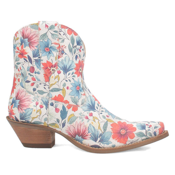 Dingo Pixie Rose Floral Leather Snip Toe Cowboy Booties Womens White Casual Boot