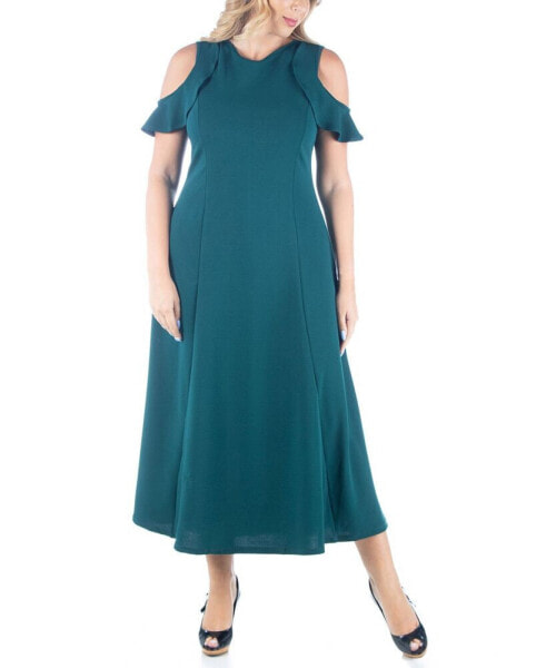 Plus Size Ruffle Cold Shoulder A Line Maxi Dress