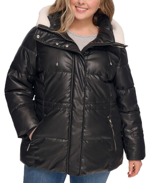 Women's Plus Size Faux-Leather Faux-Shearling Hooded Anorak Puffer Coat