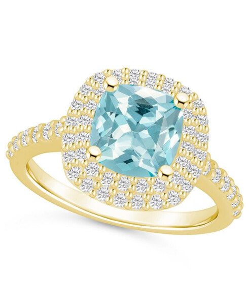 Aquamarine and Diamond Accent Halo Ring in 14K Yellow Gold