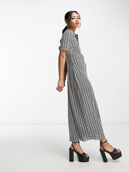 Whistles short sleeve midi sheer dress in geometric print