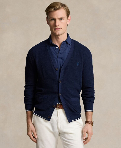 Men's Textured Cotton-Linen V-Neck Cardigan