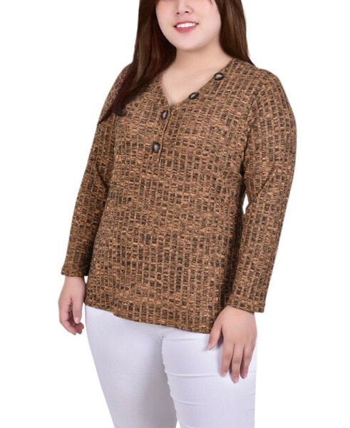 Plus Size Long Sleeve Ribbed Henley