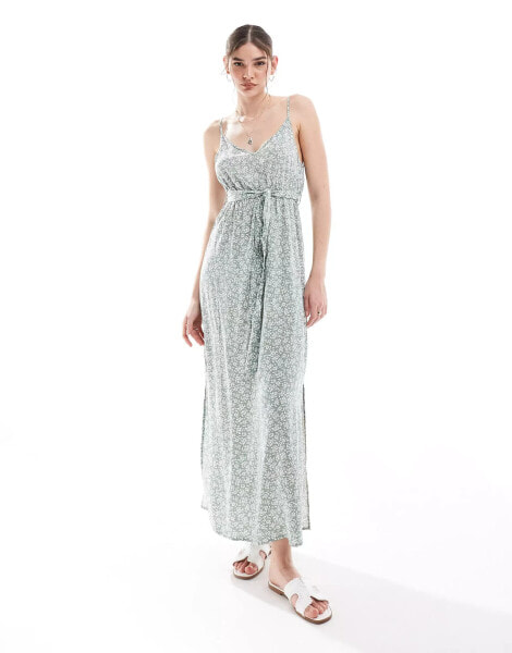 Vero Moda v neck maxi dress with tie waist in sage green floral