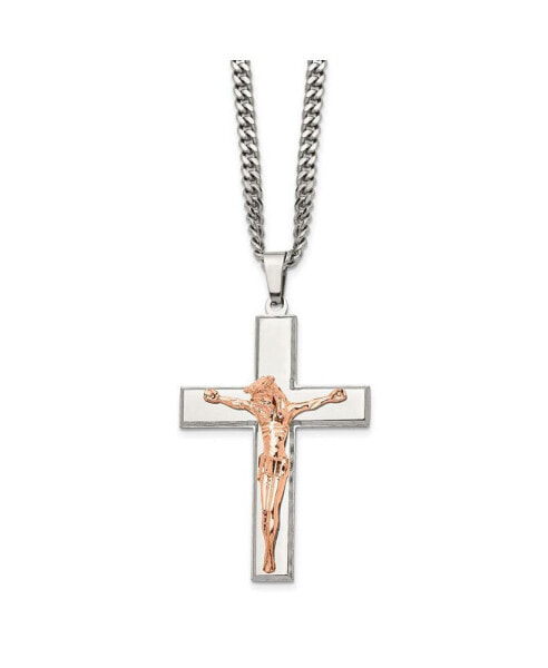 Chisel polished Rose IP-plated Crucifix Pendant Curb Chain Necklace