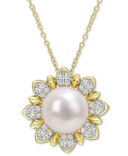 Cultured Freshwater Pearl (8-1/2mm) & White Topaz (1 ct. t.w.) Flower 18" Pendant Necklace in Gold-Tone Plated Sterling Silver