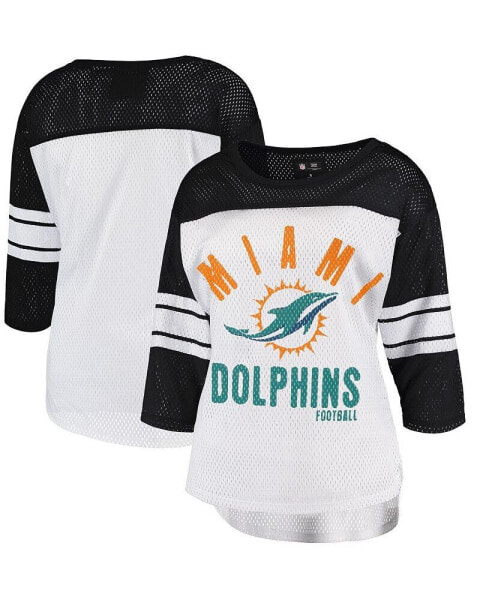 Women's White, Black Miami Dolphins First Team Three-Quarter Sleeve Mesh T-shirt