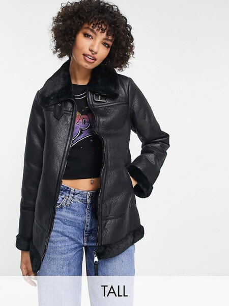 New Look Tall aviator jacket with contrast borg in black