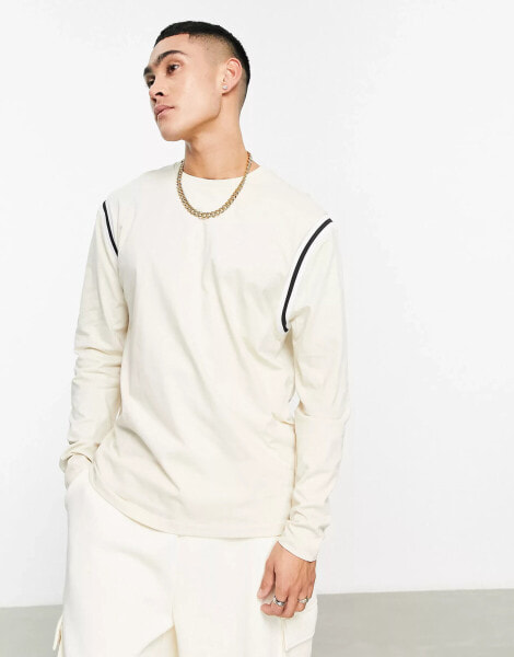 ASOS DESIGN long sleeve relaxed t-shirt with taping detail in cream