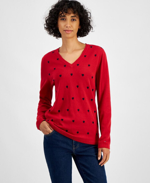 Women's Heart Print V-Neck Long-Sleeve Cotton Sweater