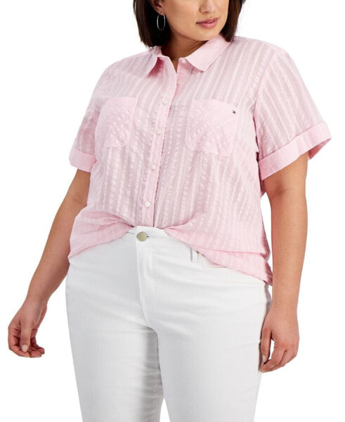 Plus Size Cotton Crinkled Striped Camp Shirt