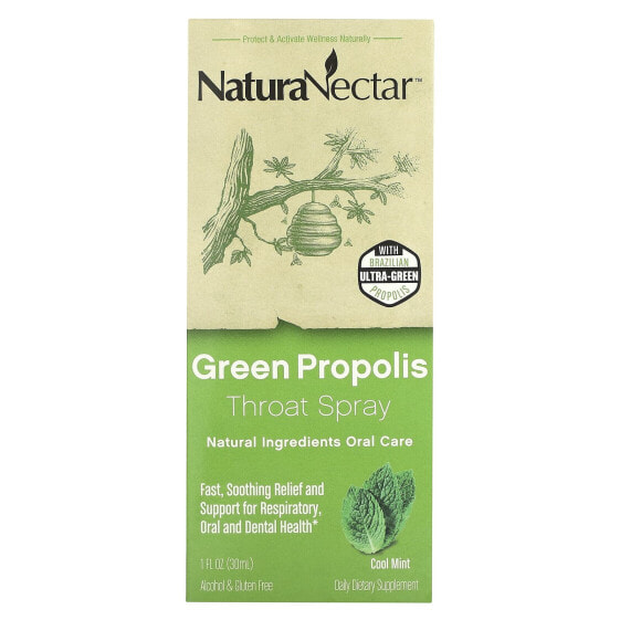 NaturaNectar, Спрей для горла с зеленым прополисом, для детей от 2 лет, прохладная мята, 30 мл (1 жидк. Унция)