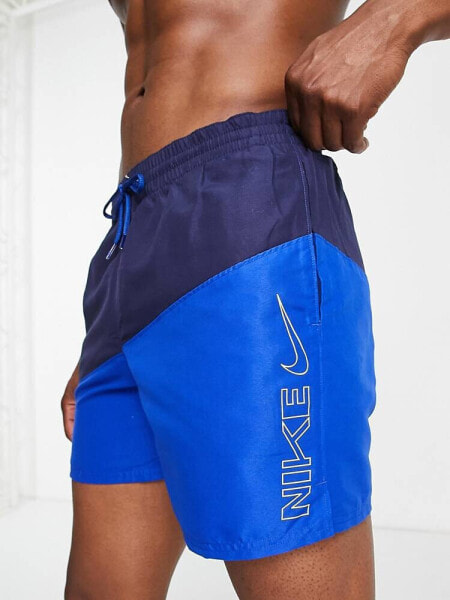 Nike Swimming 5 inch diagonal colour block swim shorts in navy and blue 