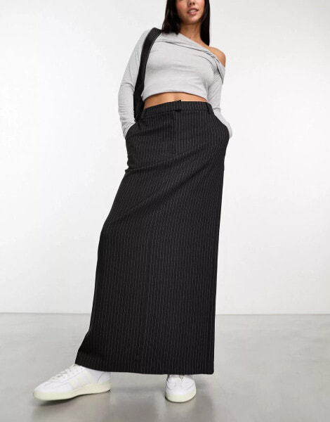 ASOS DESIGN column maxi skirt with split in charcoal stripe