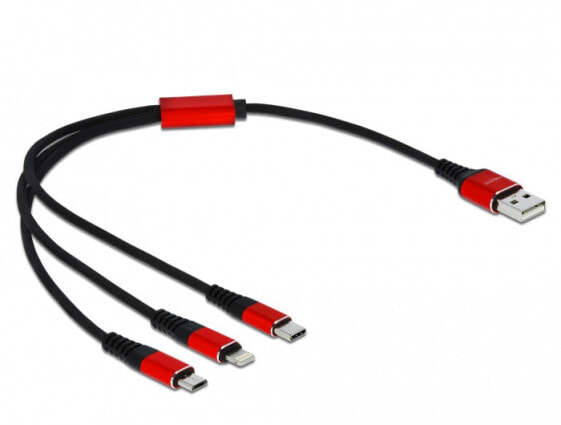 Delock USB Charging Cable 3 in 1 for Lightning / Micro USB / USB Type-C 30 cm - 0.3 m - USB A - USB C/Micro-USB B/Lightning - USB 2.0 - Black - Red