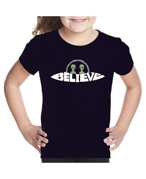 Believe UFO - Girl's Child Word Art T-Shirt