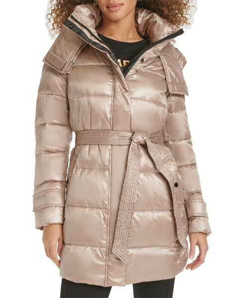 Karl Lagerfeld Womens Shine Hooded Short Belted Puffer Coat