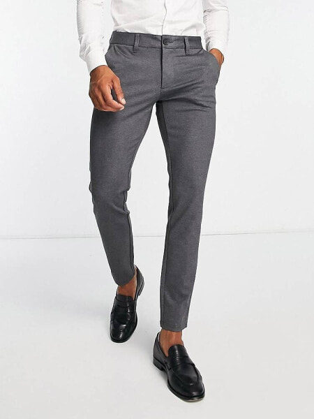 Only & Sons slim fit smart herringbone jersey trousers in grey