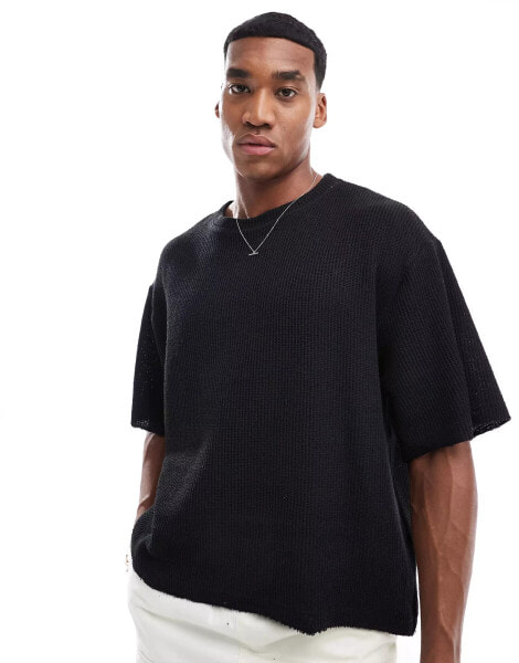 Pull&Bear ribbed knitted t-shirt in black