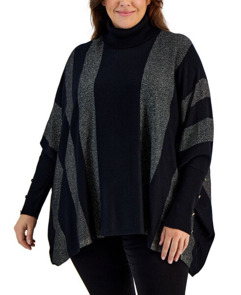 Plus Size Lurex-Striped Turtleneck Poncho Sweater, Created for Macy's