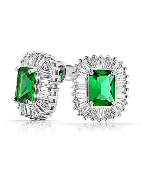 Deco Style Green Rectangle CZ Baguette Halo Simulated Emerald Cut Cubic Zirconia Stud Earrings