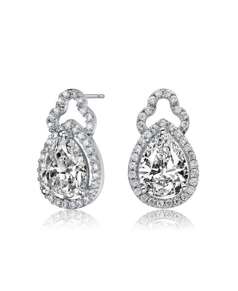 Sterling Silver with White Gold Plated Clear Pear and Round Cubic Zirconia Halo Open Post Drop Earrings
