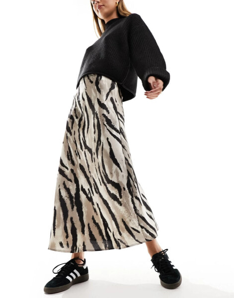 Pieces satin midi skirt in light brown zebra print