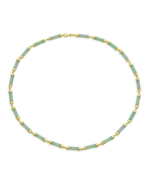 Asian Style Light Green Natural Jade Strand Tube Bar Link Necklace Collar For Women Gold Plated Sterling Silver 18 Inch