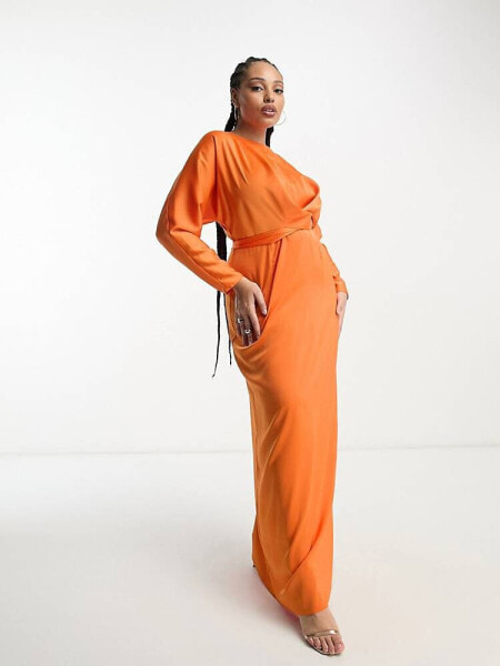 ASOS DESIGN Curve exclusive satin maxi dress with batwing sleeve and wrap waist in hot orange