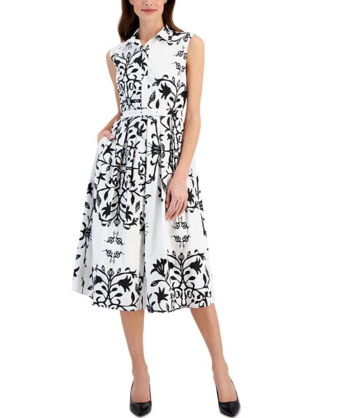Women's Printed Fit & Flare Belted Midi Dress