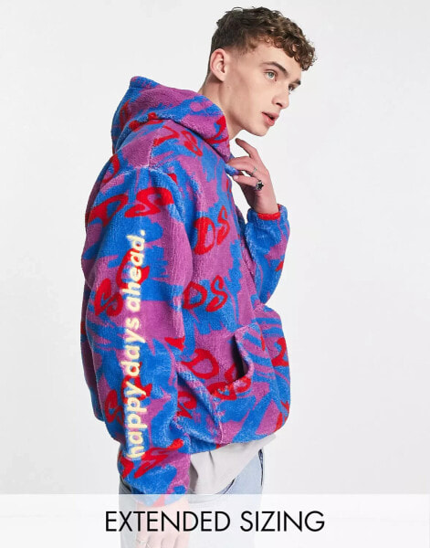 ASOS Daysocial oversized hoodie in all over print teddy borg with logo embroideries in blue