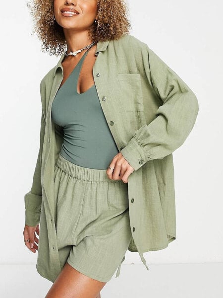 ASOS DESIGN textured button through beach shirt co-ord in khaki