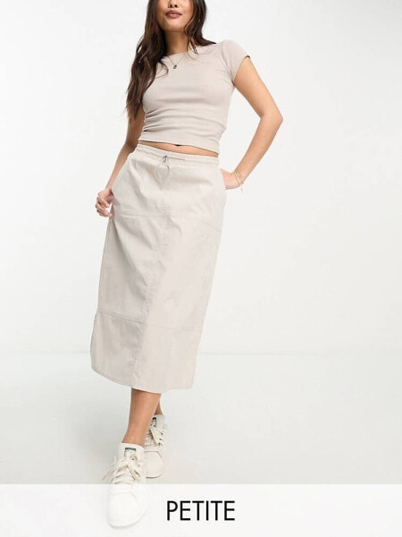 Pieces Petite exclusive midi cargo skirt with toggle drawstring in ecru