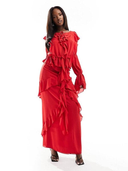 Daska ruffle maxi skirt co-ord in red