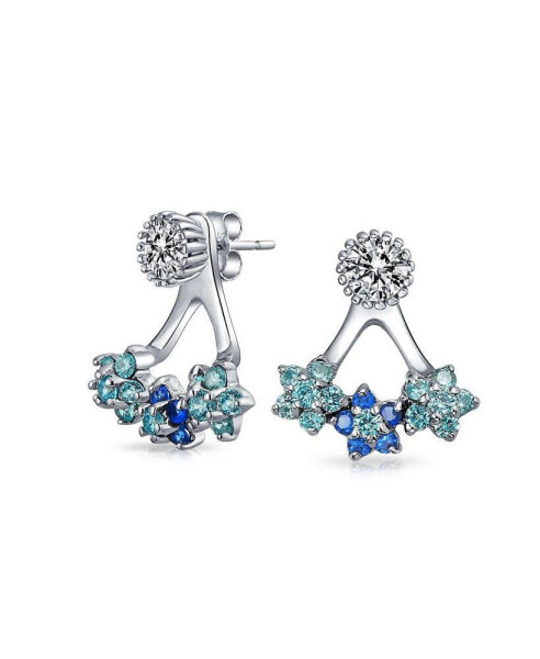 Aqua Blue Cubic Zirconia Flower Fan CZ Ear Back Front Stud Jacket Earrings For Women For Sterling Silver