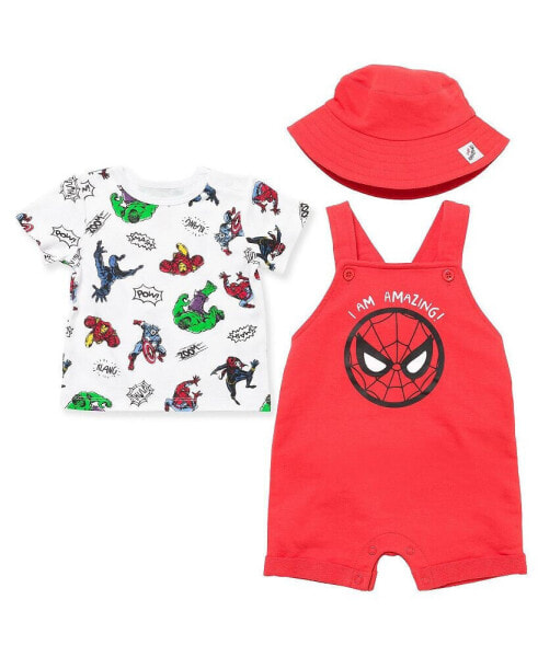 Avengers Spider-Man Boys French Terry Short Overalls T-Shirt & Hat 3 Pc Outfit Set Red/White