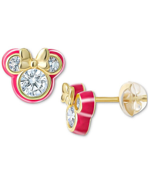 Cubic Zirconia & Deep Pink Enamel Minnie Mouse Stud Earrings in 18k Gold-Plated Sterling Silver