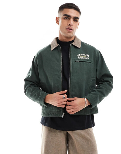 Abercrombie & Fitch workwear cropped back print washed twill zip front jacket in dark green