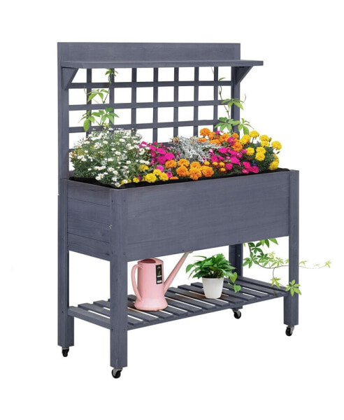 41" Raised Garden Bed with Trellis on Wheels, Wooden Elevated Planter Box with Legs and Bed Liner, for Flowers, Herbs & Vegetables, Gray