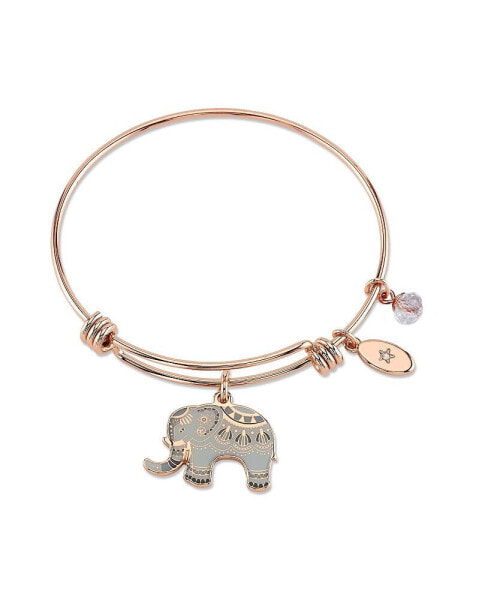 "All Good Things are Wild and Free" Elephant Charm Adjustable Bangle Bracelet in Rose Gold-Tone Stainless Steel with Silver Plated Charms
