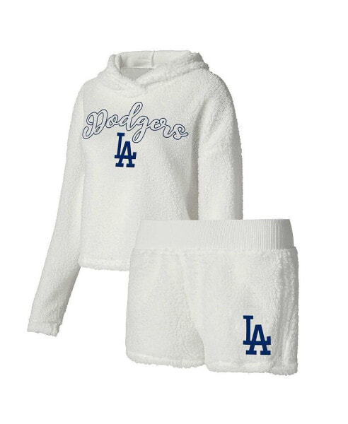 Women's Cream Los Angeles Dodgers Fluffy Hoodie Top and Shorts Sleep Set